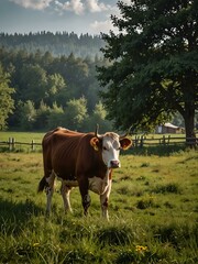 Wall Mural - Majestic cow grazing in a meadow, rural setting.