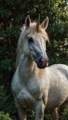 Wall Mural - Majestic unicorn standing gracefully in lush greenery.