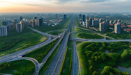 Sticker - Aerial view of modern city and highways