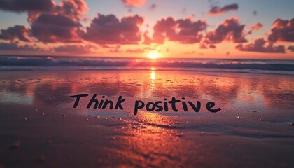 Poster - The words 'Think positive' are written in the sand at the beach with a sunset in the background.