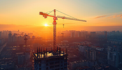 Construction site with cranes and buildings under bright sunlight during the day