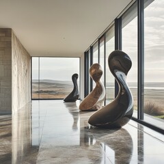 Poster - Three abstract sculptures stand in a modern hallway with large windows overlooking a scenic landscape.