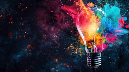 Sticker - A light bulb explodes with colorful dust and paint, on a dark background.