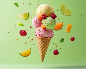 Poster - Three scoops of ice cream in a waffle cone with fresh fruit and mint leaves floating around it on a green background.