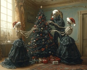 Canvas Print - Three skeletons in Victorian attire decorate a Christmas tree in a grand room.