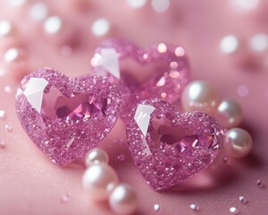 Poster - Three sparkling pink heart-shaped crystals surrounded by pearls on a pink background.