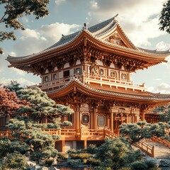 Poster - Traditional Japanese temple with intricate wooden architecture and a serene garden setting.