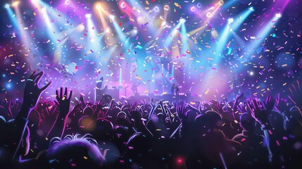 Sticker - A crowd of people cheering with their hands raised, confetti falling from the ceiling, and a stage with spotlights in the background.