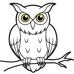 Wall Mural - Intricate Owl with Glowing Eyes on Spooky Branch line art Vector Design