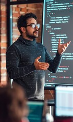 young man speaker teaching at IT developers conference or workshop, showing coding and programming process on digital screen