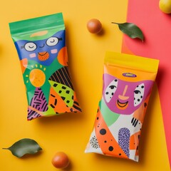 Sticker - Two colorful, cartoonish, snack bags with various shapes and patterns, on a yellow and red background with small fruit.