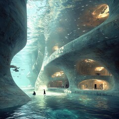 Canvas Print - Two figures explore a futuristic underwater cave city with light filtering in from above.