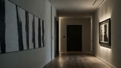 Poster - Minimalist hallway with subtle lighting and a single artwork.