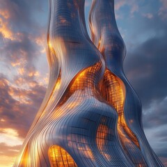 Wall Mural - Two futuristic skyscrapers with a unique flowing, organic design against a sunset sky.