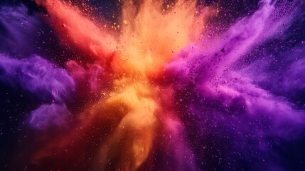 Wall Mural - Abstract colorful explosion of purple and gold powder on a black background.