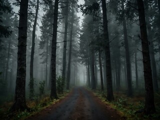 Wall Mural - Misty forest path with tall trees and an ominous dark sky.