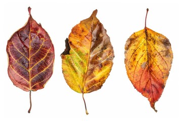 A collection of four distinctively colored leaves arranged on a white background