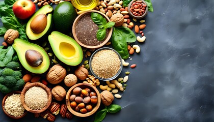 Wall Mural - Vibrant display of healthy fats featuring avocado, nuts, seeds, and olive oil, perfect for adding personal touches or creative designs