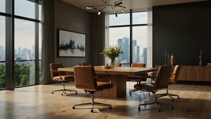 Poster - Modern conference room with a wooden table, leather chairs, and large windows.