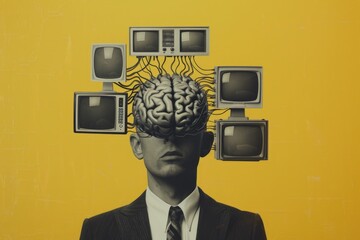 A man wearing a suit and tie is depicted with a brain on his head, conveying a creative and humorous concept