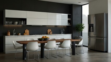 Modern kitchen with a refrigerator.