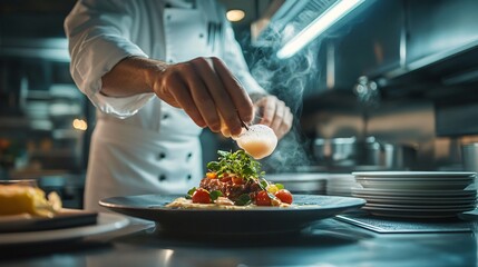 chef in a well-equipped kitchen arranging microgreens on a plated dish with precision, copy space