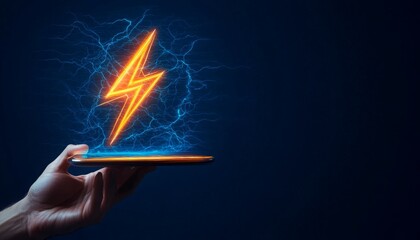 Wall Mural - lightning bolt icon emerging from a digital tablet, Smart Energy Management, Digital Power and Innovation, Virtual Electricity and Power Control.