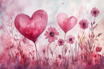 Canvas Print - Two watercolor hearts rise above pink flowers in a field.