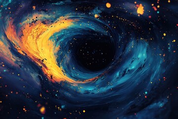 Abstract swirling black hole with orange and blue nebula.