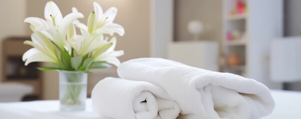 Poster - White Towels and Lily Flowers in a Spa