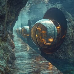 Canvas Print - Underwater pathway with futuristic glass spheres.