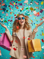 Wall Mural - Joyful happy Woman Shopping. Shopping bags and confetti on a studio background. Concept of Shopping, Retail, Sale, Black Friday or Cyber Monday.