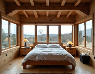 Wall Mural - A rustic bedroom with a wooden bed frame, exposed wooden beams on the ceiling, and large windows overlooking a natural landscape.