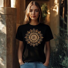 Wall Mural - Woman wearing a black T-shirt with a gold mandala design standing in a doorway.