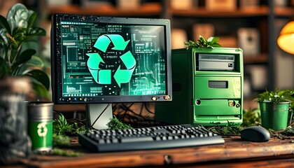 Wall Mural - Bright green recycle symbol on a desktop computer highlighting the significance of recycling and responsible disposal of electronic devices