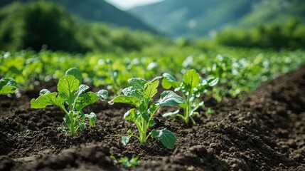 Canvas Print - Young green plants growing in a field of rich brown soil, with a hill in the background.