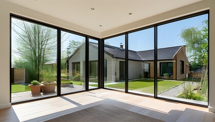 Poster - Bright and airy home refurbishment showcasing modern windows and abundant natural light, embodying the spirit of renovation and transformation on a sunny day.