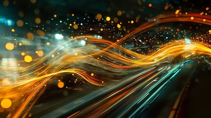 Abstract experimental surreal photography combines city and vehicle lights with long exposure techniques. Quantum physics textures provide a backdrop for representative particle physics photographs