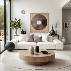 Wall Mural - A modern and minimalist living room with a large circular moon artwork on the wall, a white sofa, a wooden coffee table, and various decorative elements like vases and sculptures.