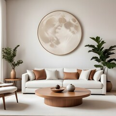 Wall Mural - A modern and minimalist living room with a large circular moon artwork on the wall, a white sofa, a wooden coffee table, and various decorative elements like vases and sculptures.