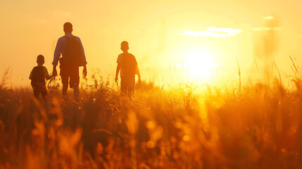 Wall Mural - three people walking through a field during sunset. The warm, golden light of the setting sun creates silhouettes of the figures