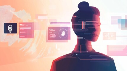 A silhouette of a person surrounded by glowing digital interface elements, symbolizing advanced technology, data analysis, and virtual interaction in a futuristic environment.