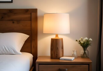 Wall Mural - A wooden table lamp with a white lampshade next to a wooden headboard in a bedroom.