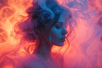 A woman with flowing hair surrounded by colorful smoke in a dreamlike atmosphere during the evening