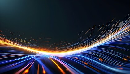 Dynamic light trails on a dark backdrop illustrating optical cables and high-speed internet transmission, showcasing the flow of information in a digital age.