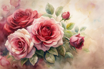 Watercolor rose bouquet illustration, deep red and pink roses, romantic floral art, with copy space