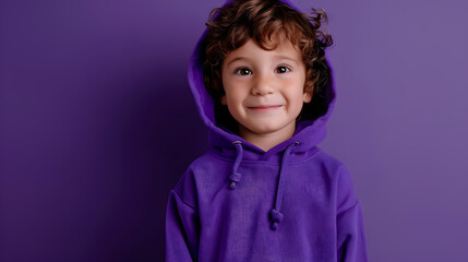 Portrait of a cheerful little boy in a purple hoodie on a purple background