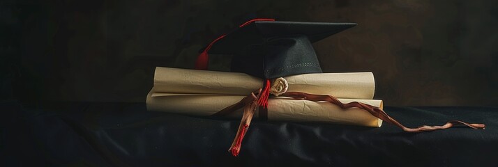 graduation cap and diploma arranged against a black backdrop, signifying culmination of hard work