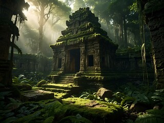 Wall Mural - Moss-covered ancient temple hidden in a jungle with sunlight filtering through.