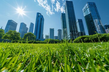 beautiful green meadow near modern office building,